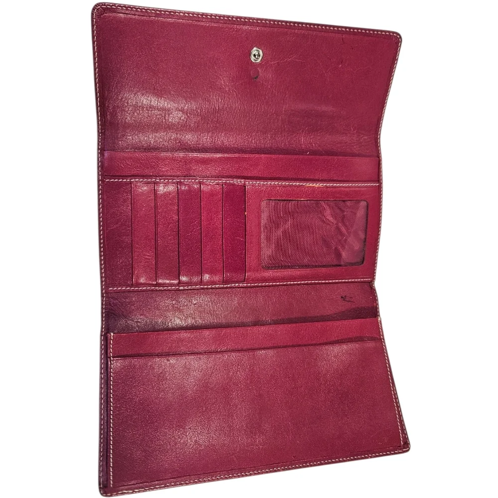 AMO Genuine Leather Wallet Clutch – Deep Berry Red, Snap & Zip, ID Window